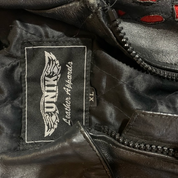 EXTREMELY HEAVY BULL SKIN Black Leather Jacket with Red Suede Roses as Accents - Picture 11 of 16